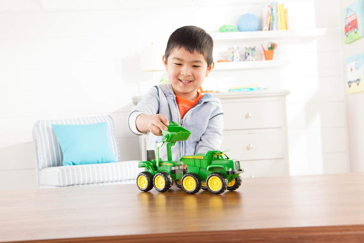 John Deere Sandbox Toys Vehicle Set - Includes Dump Truck Toy, Tractor Toy with Loader - 6 Inch - 2 Count, Green, Frustration Free Packaging