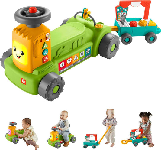 Fisher-Price Laugh & Learn Baby to Toddler Toy, 4-in-1 Farm to Market Tractor Ride On with Pull Wagon & Smart Stages for Ages 9+ Months