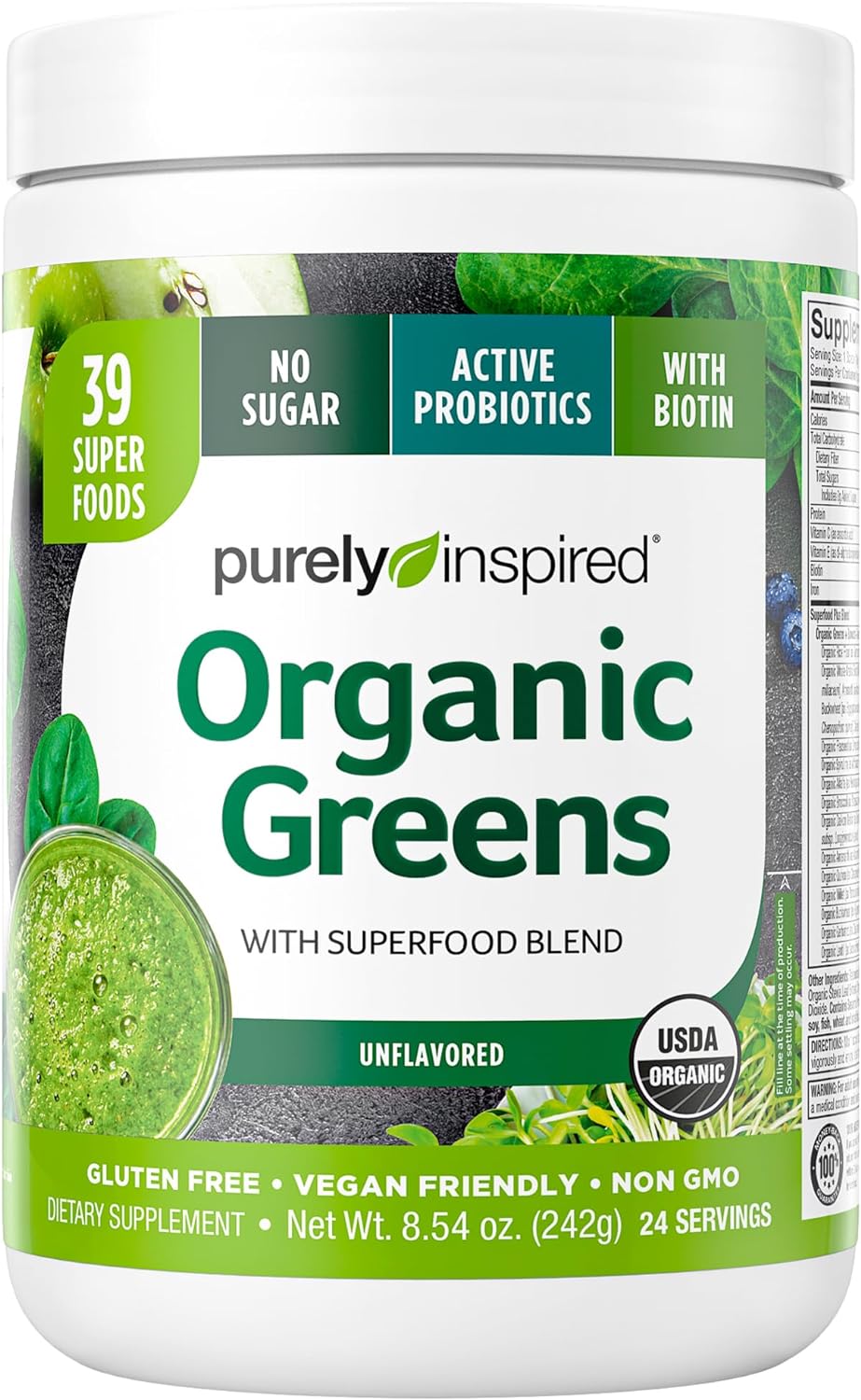 Greens Powder Smoothie Mix Purely Inspired Organic Greens Powder Superfood, Unflavored, 24 Servings (Package May Vary), 8.54 Ounce (Pack of 1)