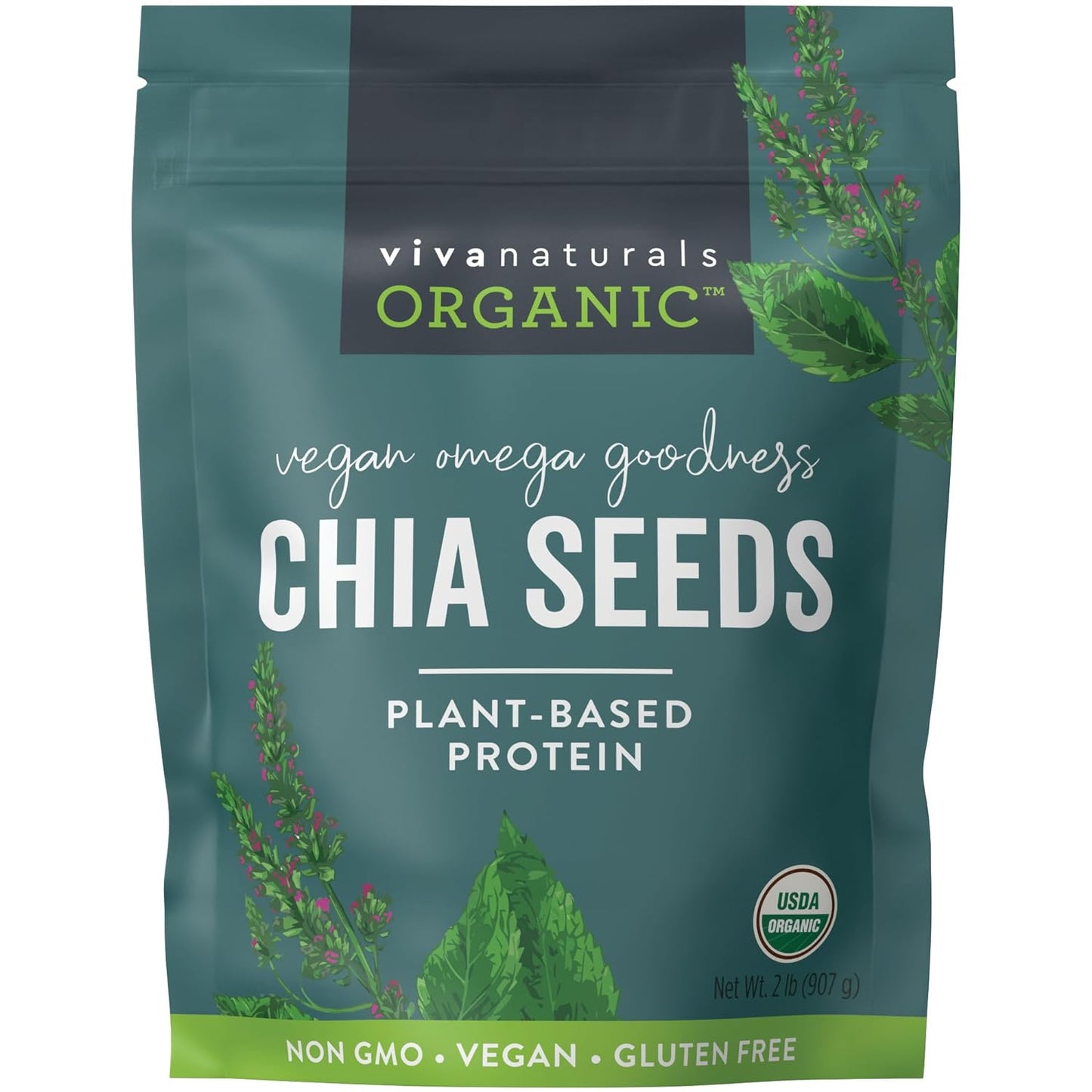 Viva Naturals Organic Chia Seeds - Plant-Based Omegas 3 and Vegan Protein, Perfect for Smoothies, Salads and Chia Puddings, Certified Non-GMO and USDA Organic, 2 lb (907 g)