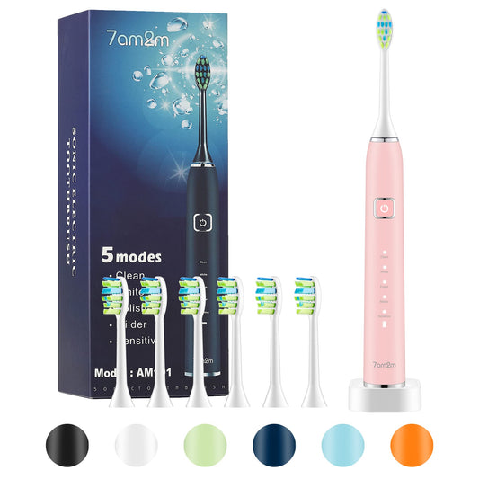 7AM2M Sonic Electric Toothbrush with 6 Brush Heads for Adults and Kids, One Charge for 90 Days, Wireless Fast Charge, 5 Modes with 2 Minutes Built in Smart Timer, Electric Toothbrushes(Pink)