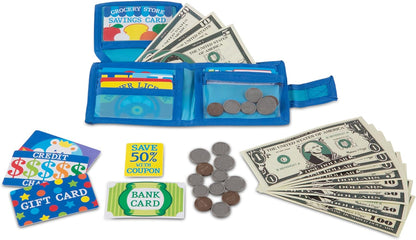 Melissa & Doug Pretend-to-Spend Toy Wallet With Play Money and Cards (45 pcs) , Blue - Shopping Toys, Play Wallet, Pretend Credit Cards For Kids Ages 3+