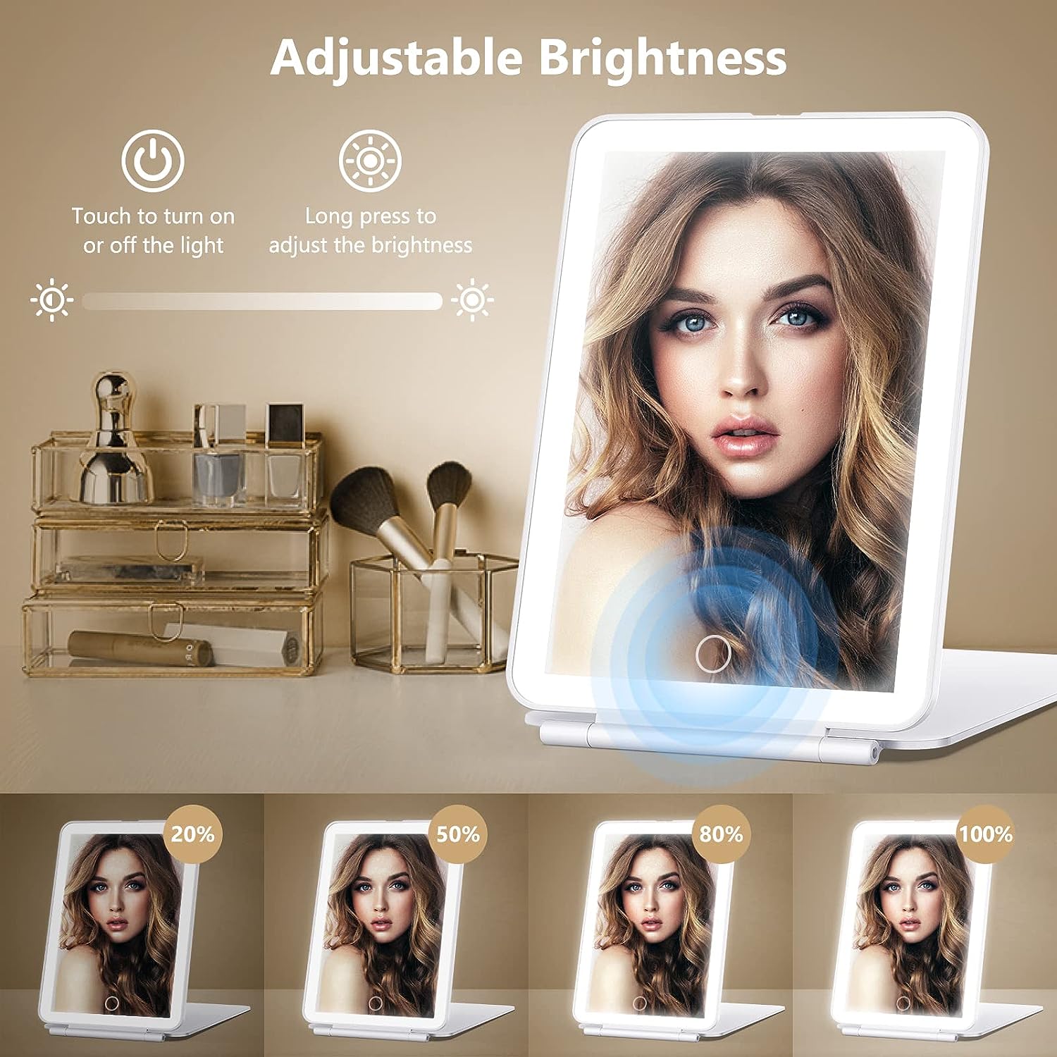 Travel Makeup Mirror with 10X Magnifying Mirror, Vanity Mirror with 80LEDs, 3 Color Lighting, Rechargeable 2000mAh Batteries, Portable Ultra Slim Lighted Makeup Mirror, Travel Essential for Women