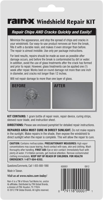 Rain-X 600001 Windshield Repair Kit - Quick And Easy Durable Resin Based Kit for Chips and Cracks, Good For Round Damage Below 1" In Diameter And Cracks Smaller Than 12" In Length, BLUE,YELLOW