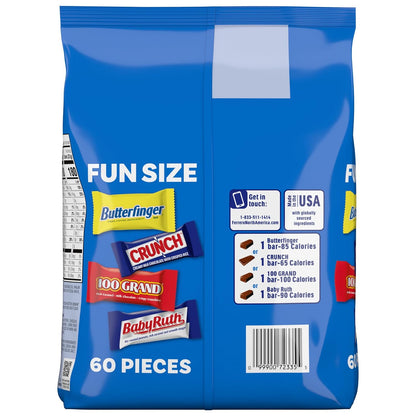 Butterfinger, CRUNCH, Baby Ruth and 100 Grand, Bulk 60 Pack, Assorted Fun Size Candy Bars, Easter Basket Stuffers, 37.2 oz