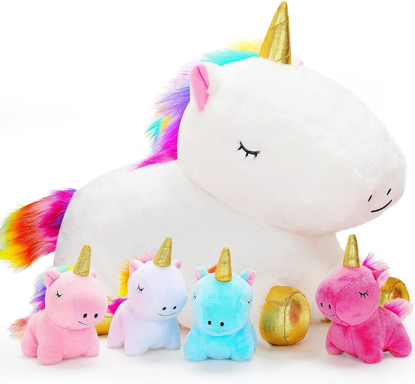 KMUYSL Unicorn Toys for Girls Ages 3 4 5 6 7 8+ Year - Unicorn Mommy Stuffed Animal with 4 Baby Unicorns in Her Tummy, Valentines and Birthday Gifts, Soft Plush Set for Baby, Toddler, Kids