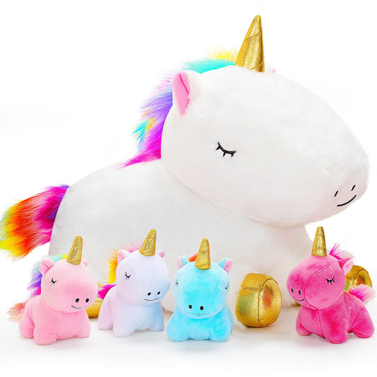 KMUYSL Unicorn Toys for Girls Ages 3 4 5 6 7 8+ Year - Unicorn Mommy Stuffed Animal with 4 Baby Unicorns in Her Tummy, Valentines and Birthday Gifts, Soft Plush Set for Baby, Toddler, Kids