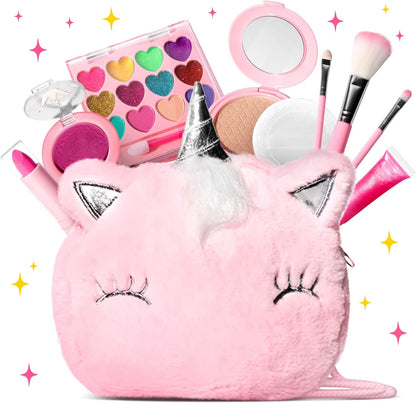 Kids Real Makeup Kit for Little Girls with Unicorn Bag - Real, Non Toxic, Washable Make Up Toy - Unicorn Toys Gift for 3 4 5 6 7 8 9 10 12 Years Old Girls Birthday