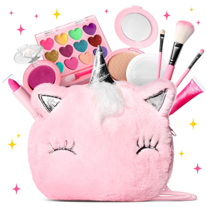 Kids Real Makeup Kit for Little Girls with Unicorn Bag - Real, Non Toxic, Washable Make Up Toy - Unicorn Toys Gift for 3 4 5 6 7 8 9 10 12 Years Old Girls Birthday