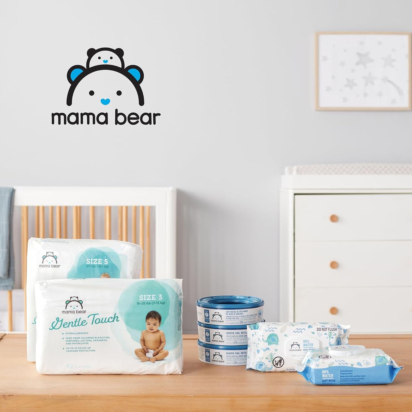 Amazon Brand - Mama Bear 99% Water Baby Wipes, Hypoallergenic, Fragrance Free, 432 Count (6 Packs of 72)