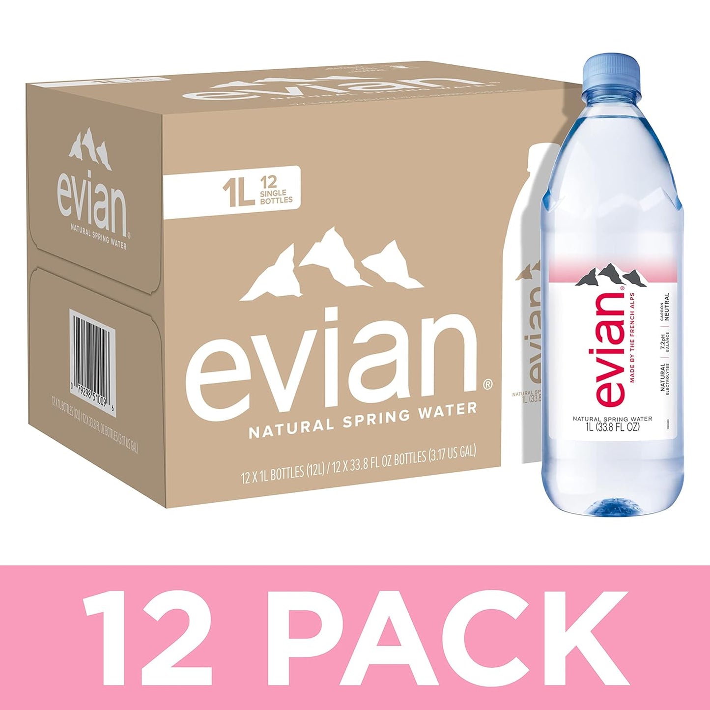 evian Natural Spring Water, Naturally Filtered Spring Water in Large Bottles, 33.81 Fl Oz (Pack of 12)