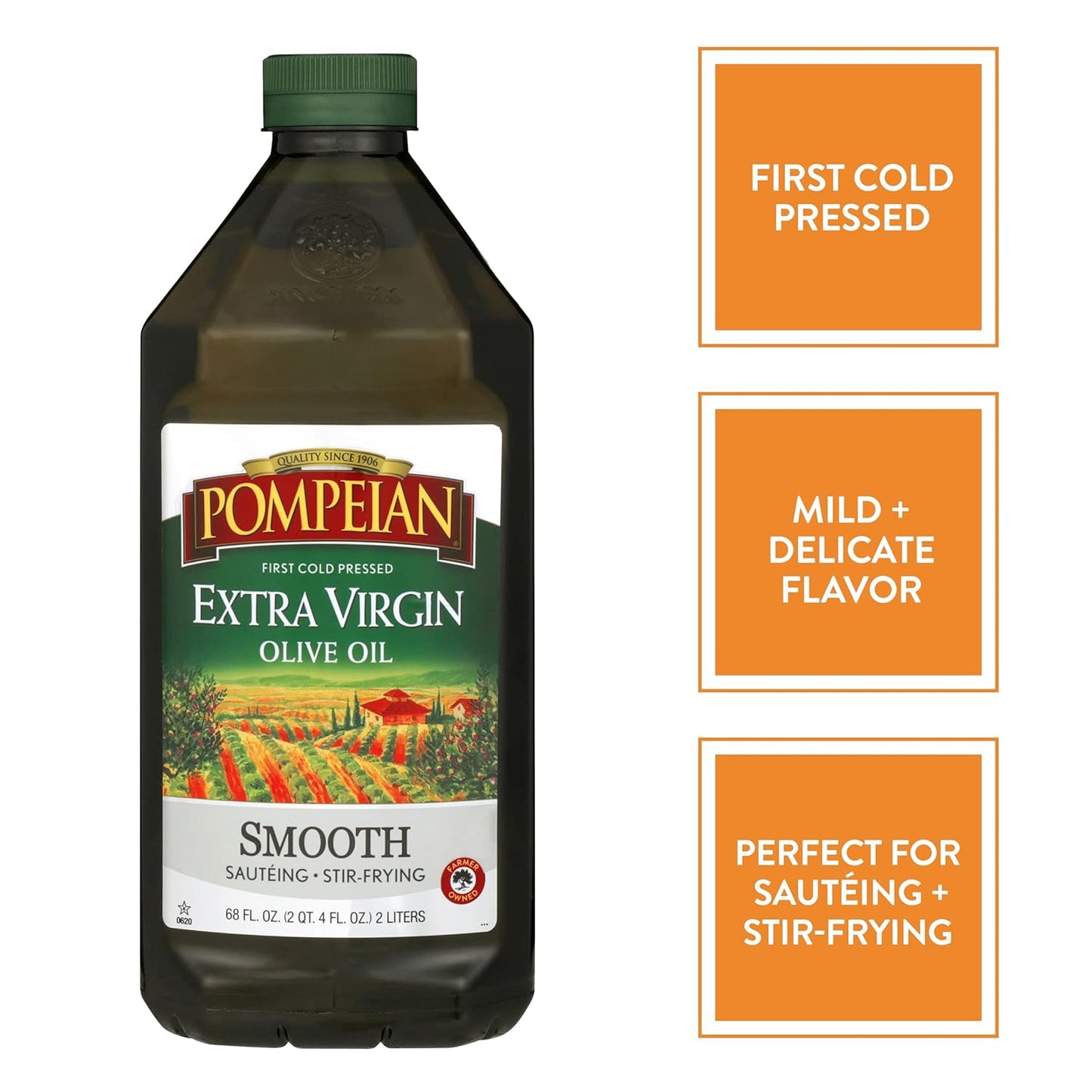 Pompeian Smooth Extra Virgin Olive Oil, First Cold Pressed, Mild and Delicate Flavor, Perfect for Sauteing and Stir-Frying, Naturally Gluten Free, Non-Allergenic, Non-GMO, 68 Fl Oz (Pack of 1)