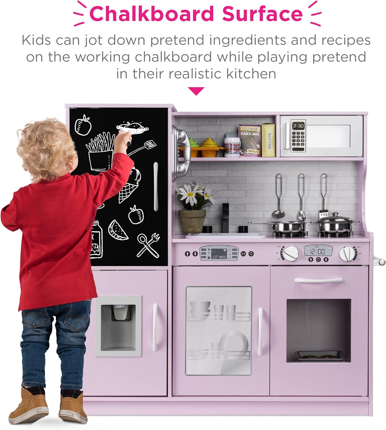 Best Choice Products Pretend Play Kitchen Wooden Toy Set for Kids w/Realistic Design, Telephone, Utensils, Oven, Microwave, Sink - Pink