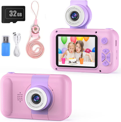 PURULU Kids Camera with 180° Flip-up Lens for Selfie & Video, HD Digital Video Cameras for Toddler with 32GB SD Card, Ideal for 3-8 Years Old Girls Boys on Birthday Christmas Party as Gift