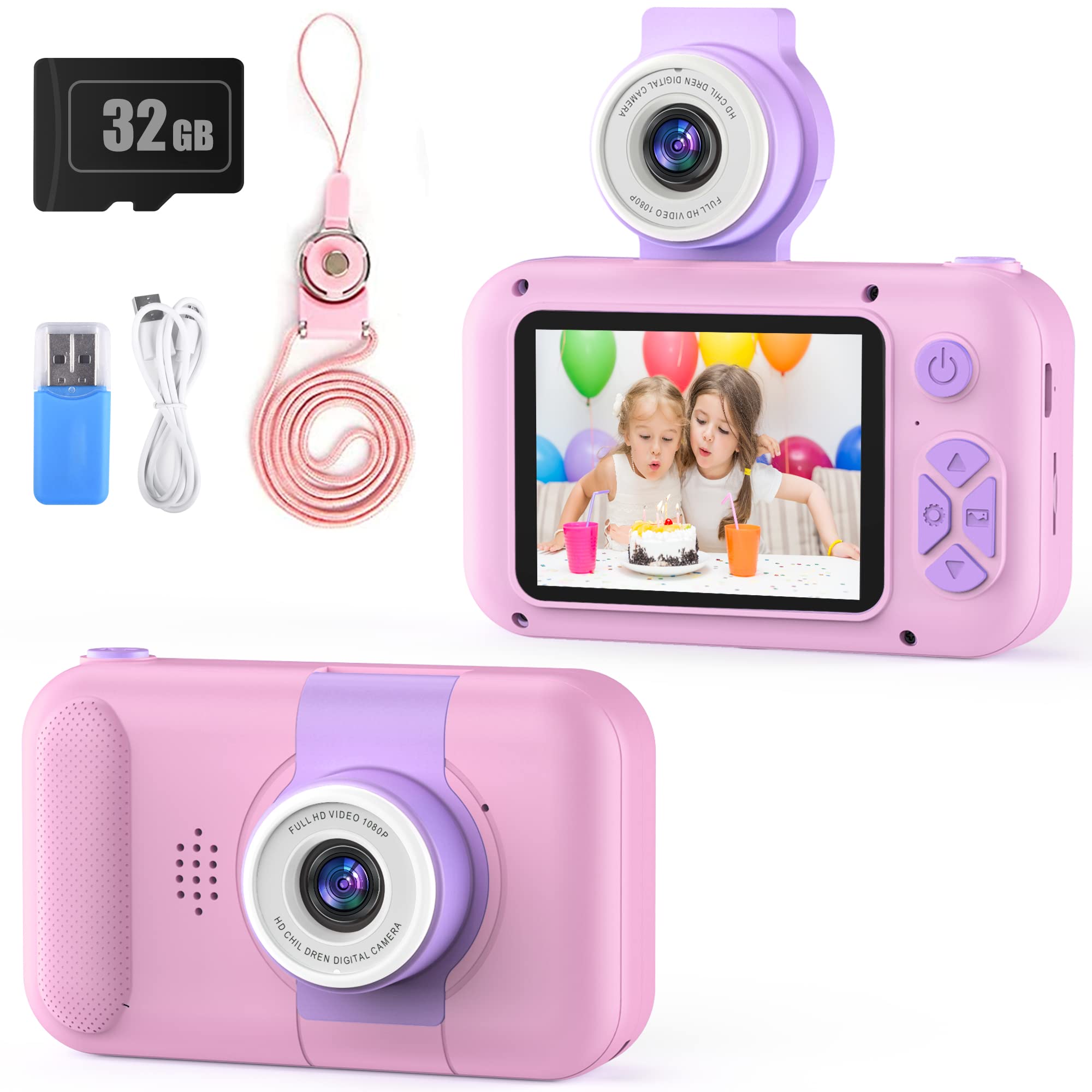 PURULU Kids Camera with 180° Flip-up Lens for Selfie & Video, HD Digital Video Cameras for Toddler with 32GB SD Card, Ideal for 3-8 Years Old Girls Boys on Birthday Christmas Party as Gift
