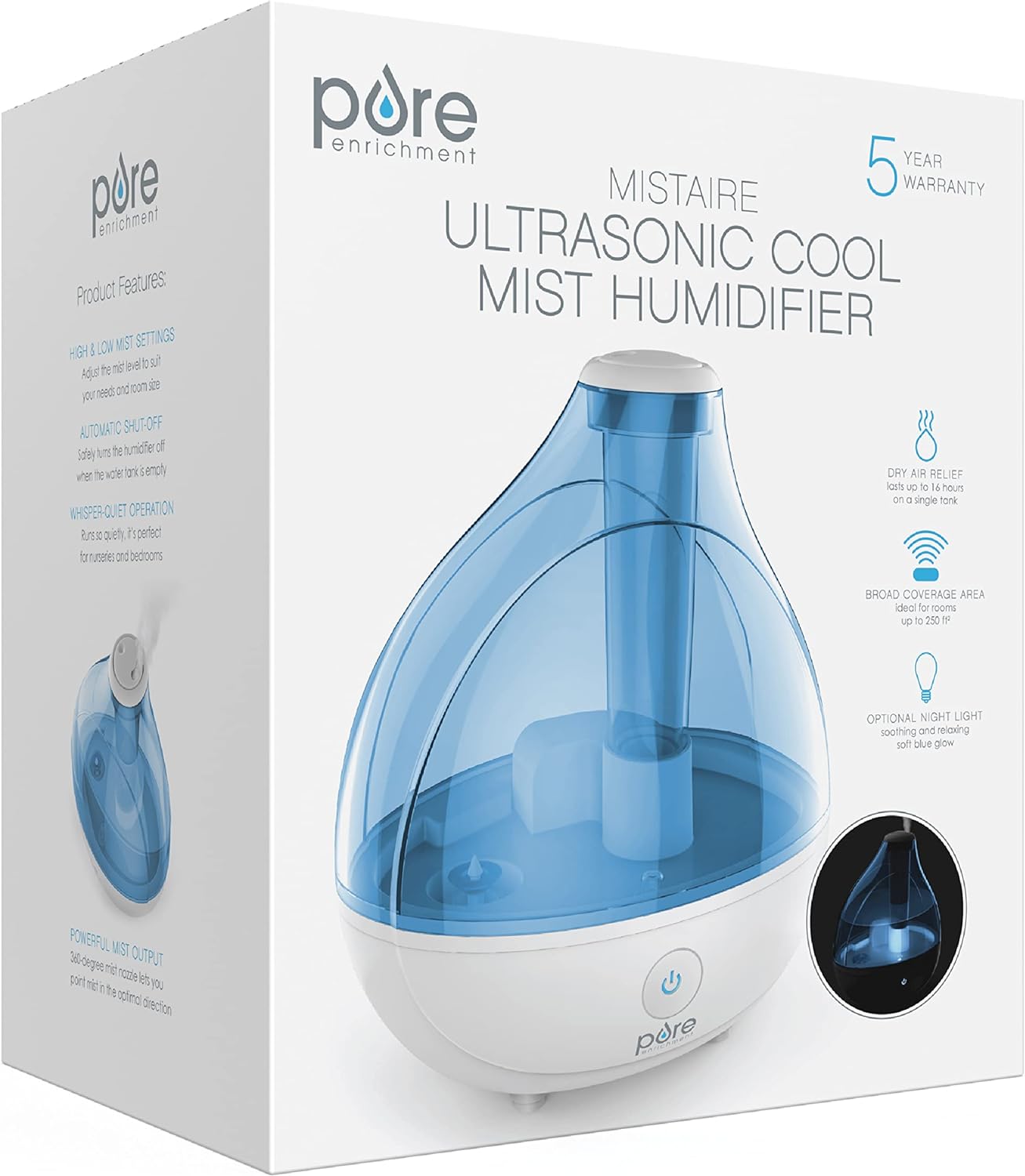 Pure Enrichment® MistAire™ Ultrasonic Cool Mist Humidifier - Quiet Air Humidifier for Bedroom, Nursery, Office, & Indoor Plants - Lasts Up To 25 Hours