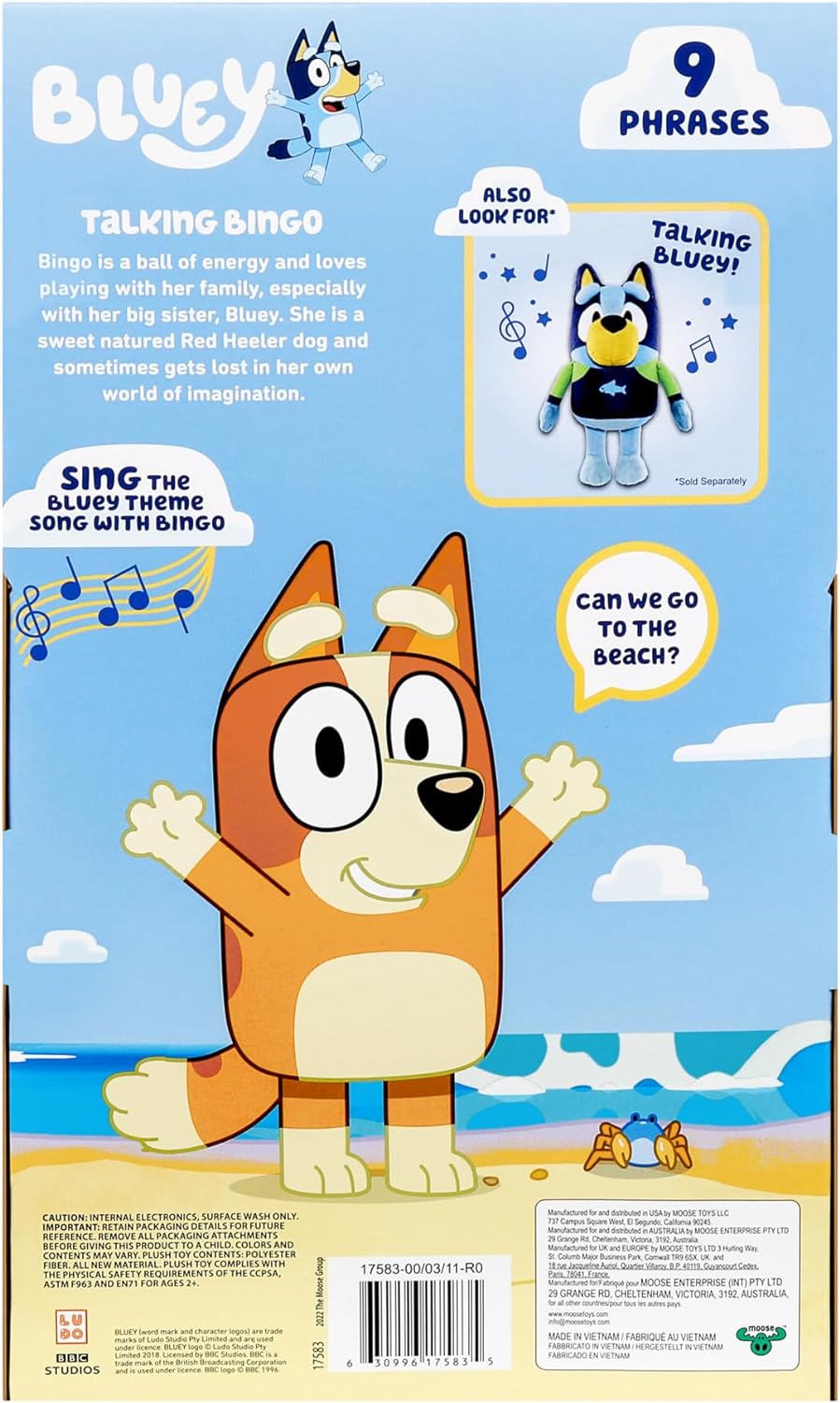 Bluey, Talking Beach Bingo. 13" Talking Plush Toy with 9 Phrases Bases Around The Episode Beach Theme Song