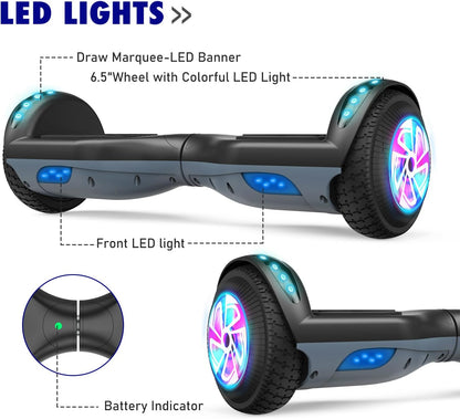 UNI-SUN Hoverboard, 6.5" Two Wheel Hoverboard with Bluetooth and Lights, Hoverboard for Kids Ages 6-12