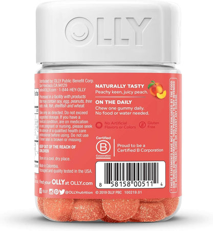 OLLY Probiotic + Prebiotic Gummy, Digestive Support and Gut Health, 500 Million CFUs, Fiber, Adult Chewable Supplement for Men and Women, Peach, 30 Day Supply - 30 Count