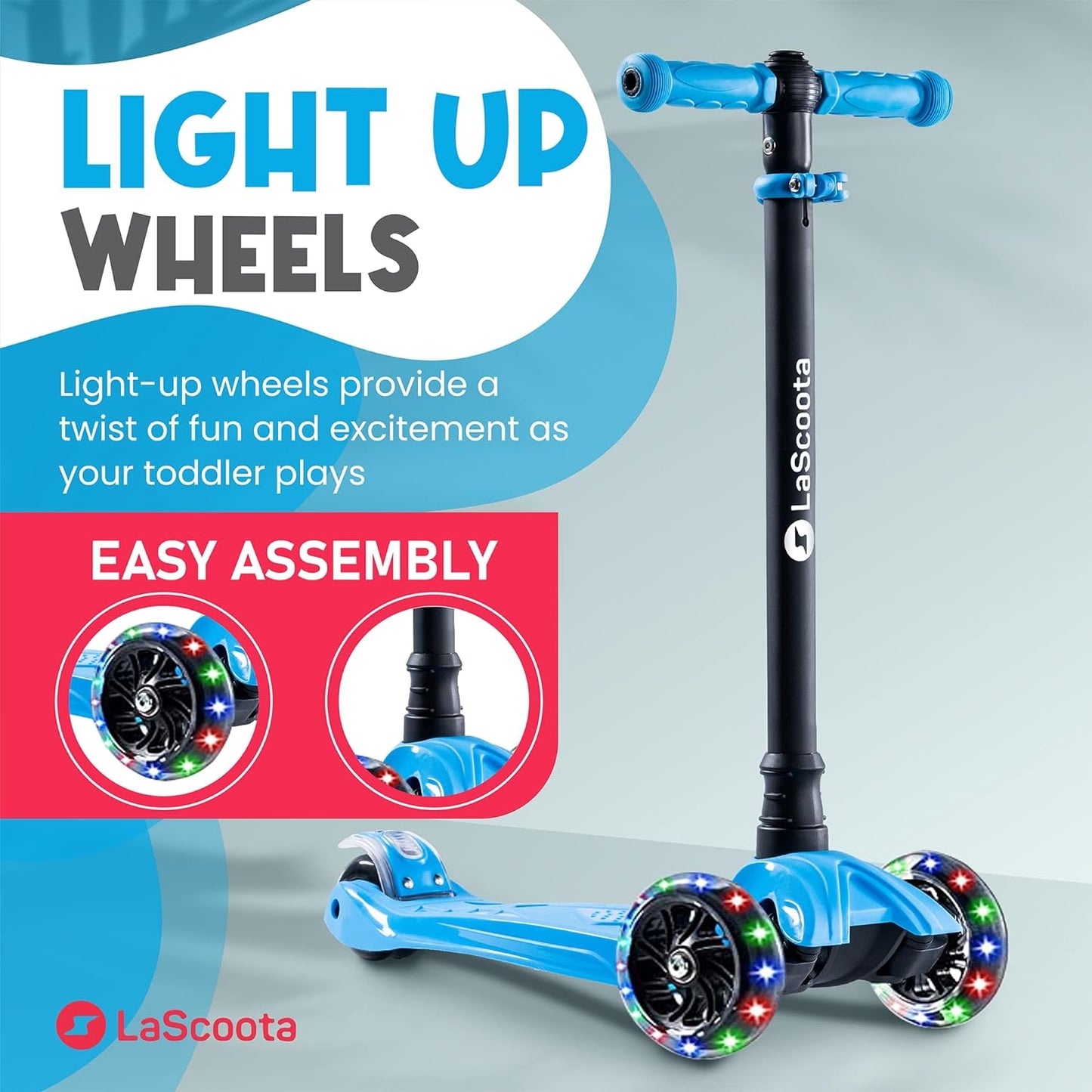 LaScoota 2-in-1 Kids Kick Scooter, Adjustable Height Handlebars and Removable Seat, 3 LED Lighted Wheels and Anti-Slip Deck, for Boys & Girls Aged 3-12 and up to 100 Lbs.