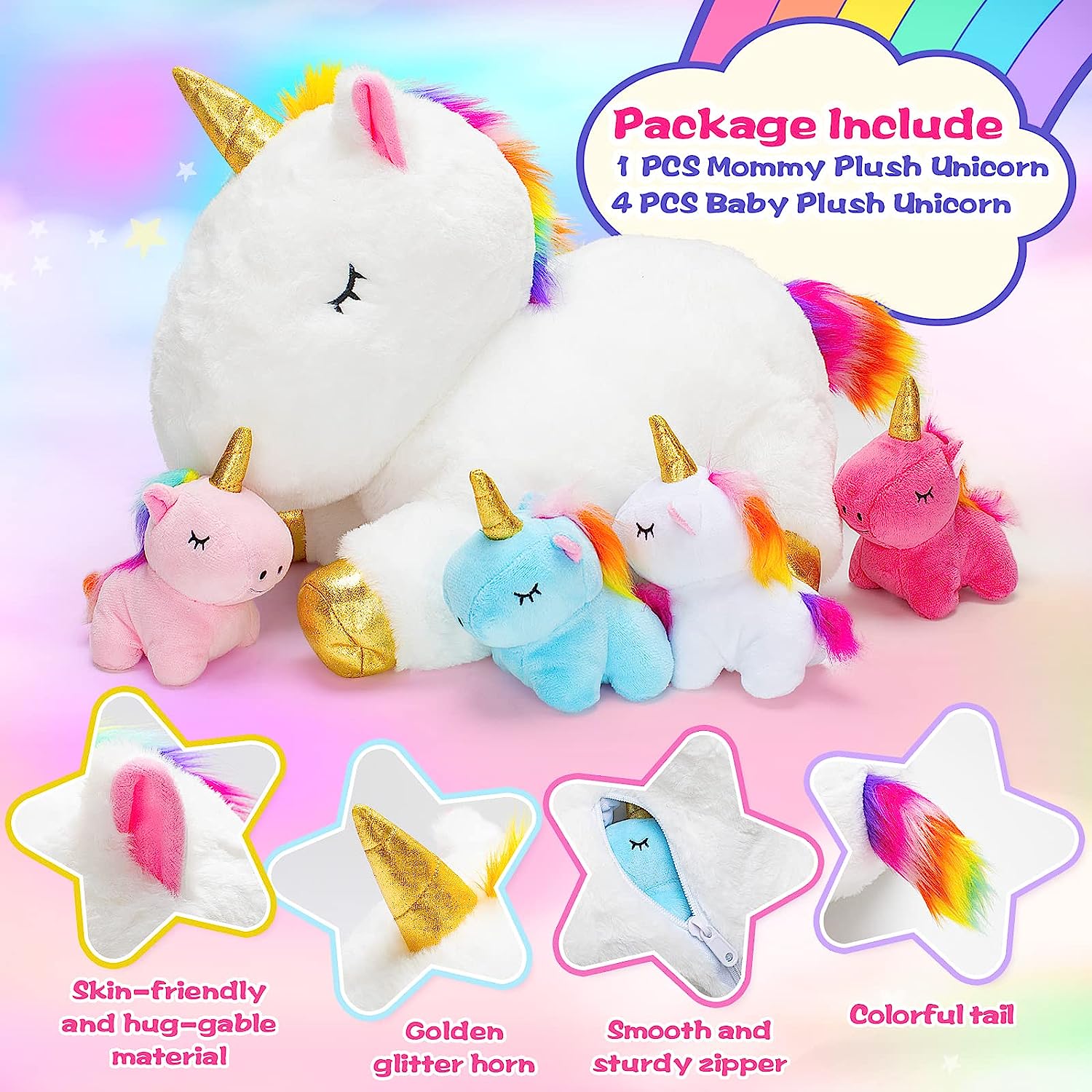 KMUYSL Unicorn Toys for Girls Ages 3 4 5 6 7 8+ Year - Unicorn Mommy Stuffed Animal with 4 Baby Unicorns in Her Tummy, Valentines and Birthday Gifts, Soft Plush Set for Baby, Toddler, Kids