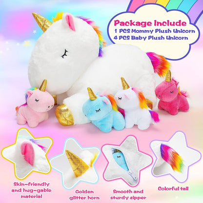 KMUYSL Unicorn Toys for Girls Ages 3 4 5 6 7 8+ Year - Unicorn Mommy Stuffed Animal with 4 Baby Unicorns in Her Tummy, Valentines and Birthday Gifts, Soft Plush Set for Baby, Toddler, Kids