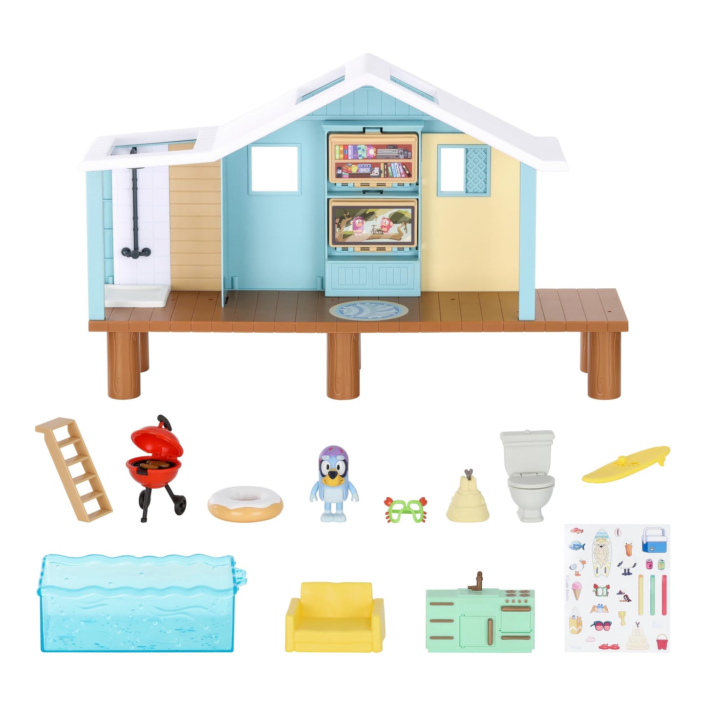 BLUEY Beach Cabin Playset, with Exclusive Figure with Goggles. Includes 10 Play Pieces and Sticker Sheet