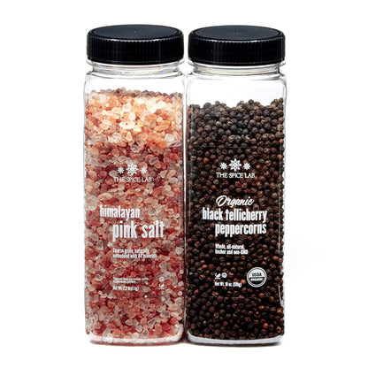 The Spice Lab Pink Himalayan Salt Coarse 2.2 Pound Tub & USDA Organic Tellicherry Peppercorns 18oz Tub - Combo Salt and Pepper Gift Pack - Peppercorns for Grinder