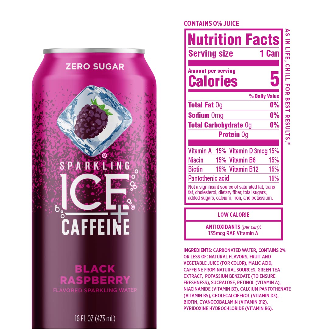 Sparkling Ice +Caffeine Black Raspberry Sparkling Water, with Antioxidants and Vitamins, Zero Sugar, 16 fl oz Cans (Pack of 12)