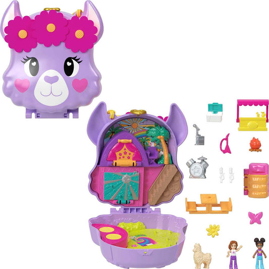 Polly Pocket Compact Playset, Llama Camp Adventure with 2 Micro Dolls & 13 Accessories, Travel Toy with Surprise Reveals