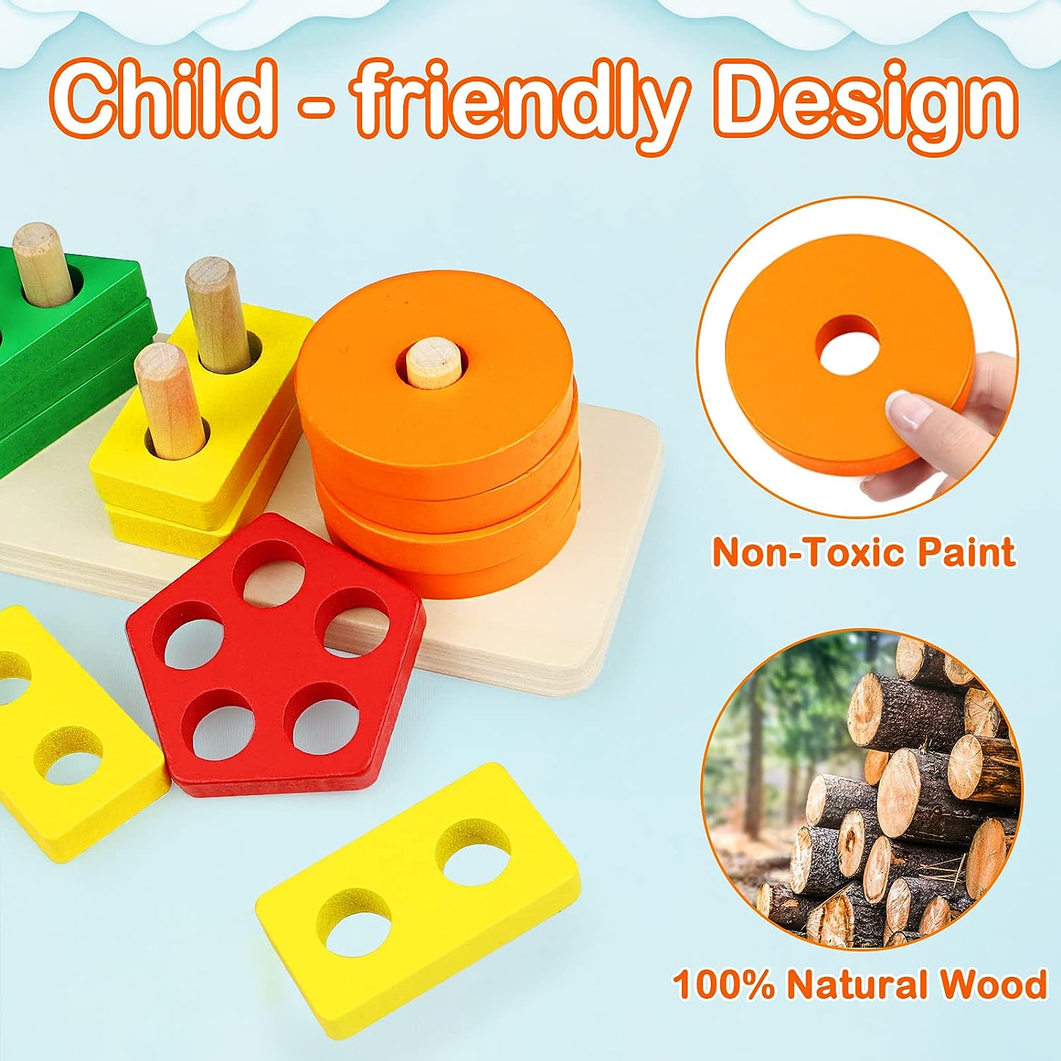 Montessori Toys for 1 to 3-Year-Old Boys Girls Toddlers, Wooden Sorting & Stacking Toys for Kids Preschool, Educational Toys, Color Recognition Stacker Shape Sorter, Learning Puzzles Gift