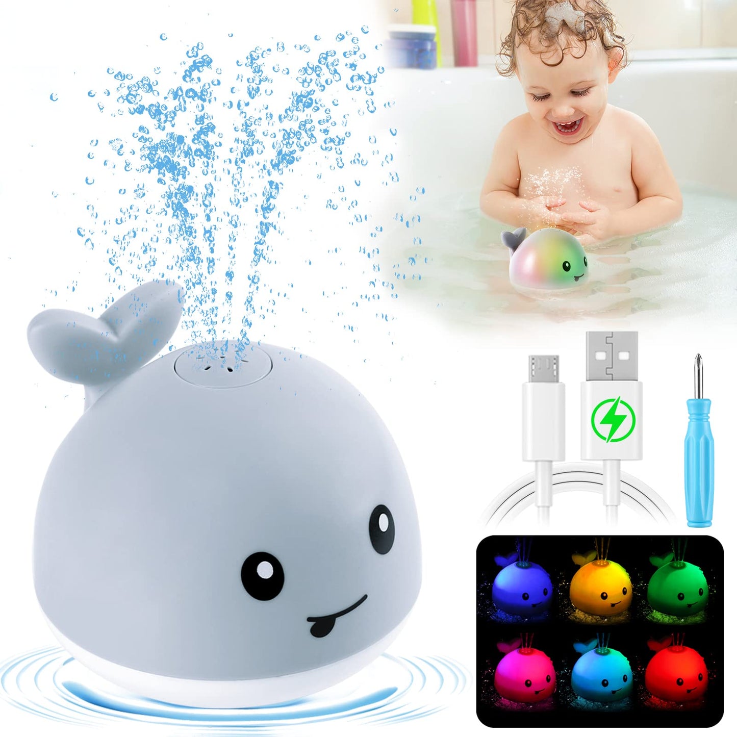 Gigilli Baby Bath Toys Gifts, Christmas Rechargeable Baby Toys Whale, Light Up Bath Toys, Sprinkler Bathtub Toys for Toddlers Infant Kids Boys Girls, Spray Water Bath Toy, Pool Bathroom Baby Toy