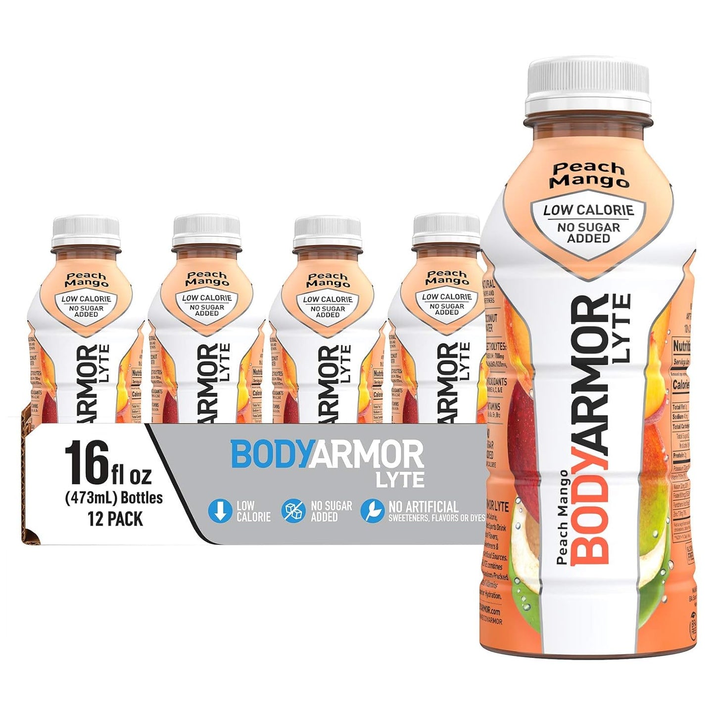 BODYARMOR LYTE Sports Drink Low-Calorie Sports Beverage, Peach Mango, Coconut Water Hydration, Natural Flavors With Vitamins, Potassium-Packed Electrolytes, Perfect For Athletes, 16 Fl Oz (Pack of 12)