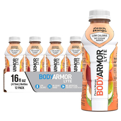 BODYARMOR LYTE Sports Drink Low-Calorie Sports Beverage, Peach Mango, Coconut Water Hydration, Natural Flavors With Vitamins, Potassium-Packed Electrolytes, Perfect For Athletes, 16 Fl Oz (Pack of 12)