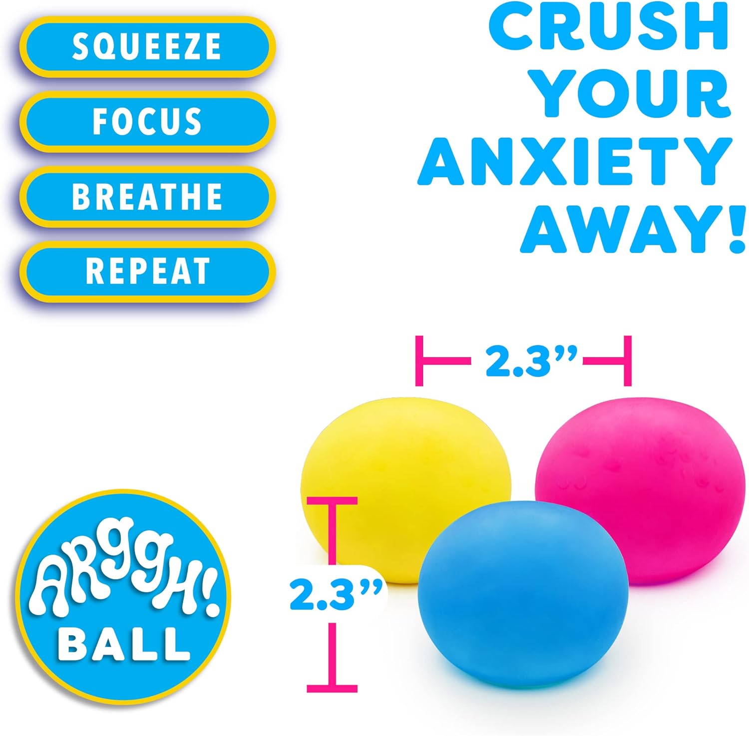 Power Your Fun Arggh Mini Stress Balls for Adults and Kids - 3pk Squishy Stress Balls, Color Changing Resistance Fidget Toys Sensory Stress Anxiety Relief Squeeze Toys Squishy Toy (Yellow, Pink, Blue)