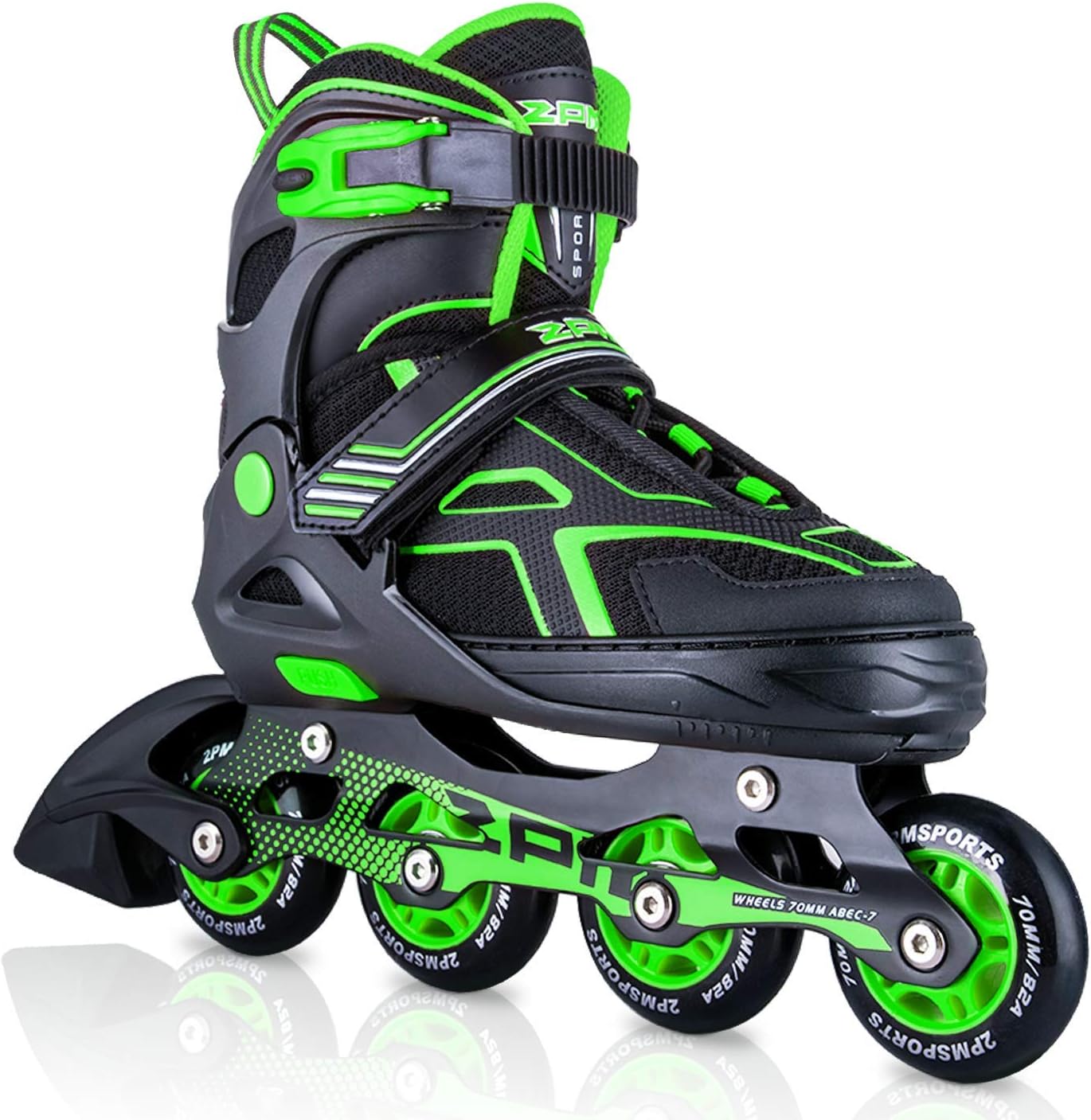 2PM SPORTS Torinx Green Boys Adjustable Inline Skates, Fun Beginner Roller Skates for Kids, Youth, Girls, Men and Women