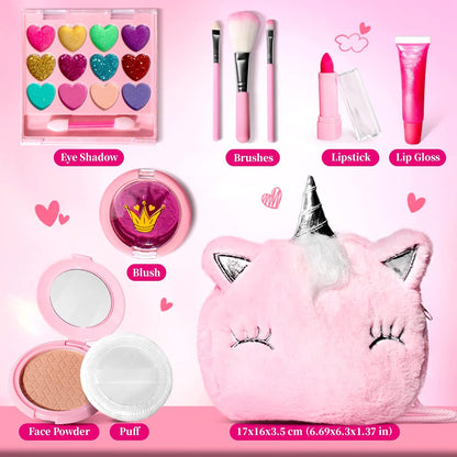 Kids Real Makeup Kit for Little Girls with Unicorn Bag - Real, Non Toxic, Washable Make Up Toy - Unicorn Toys Gift for 3 4 5 6 7 8 9 10 12 Years Old Girls Birthday