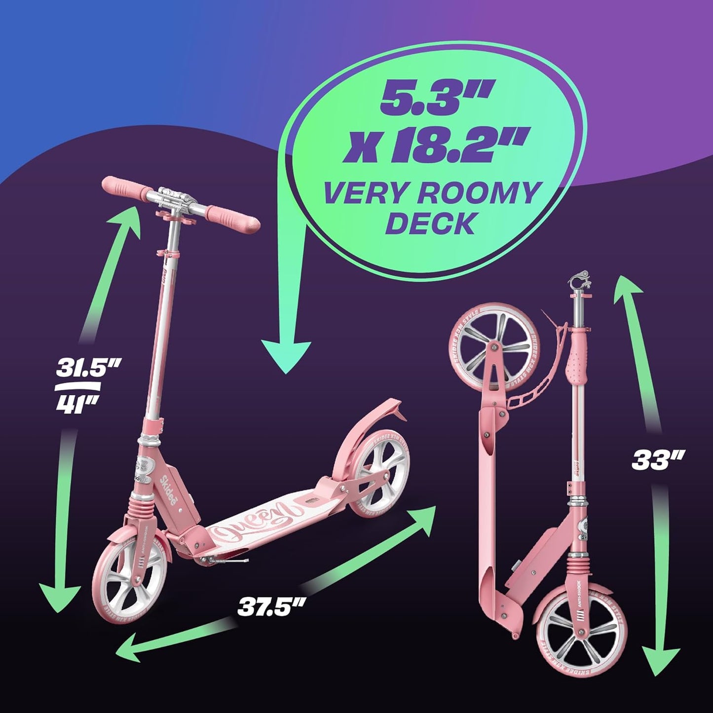 Skidee Scooter for Adults and Teens – Adjustable Height, Kids Scooter, Folding Scooter, Large Sturdy Wheels for Smooth Ride, Lightweight, Durable, Anti-Shock Suspension, Outdoor Toys, up to 220 lbs