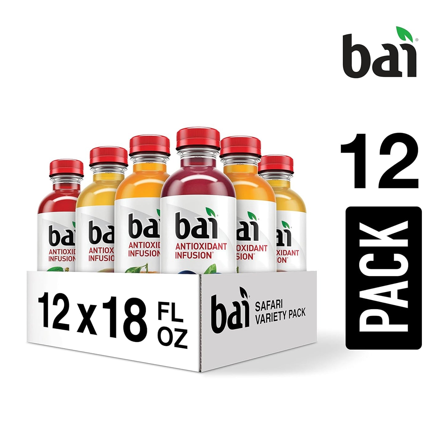 Bai Flavored Water, Safari Variety Pack, Antioxidant Infused Drinks, 3 Each of Brasilia Blueberry, Costa Rica Clementine, Malawi Mango, Zambia Bing Cherry,18 Fl Oz Bottles (Pack of 12)