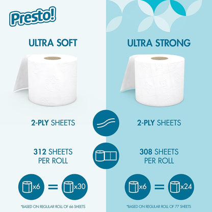 Amazon Brand - Presto! 2-Ply Toilet Paper, Ultra-Soft, Unscented, 24 Rolls (4 Packs of 6), Equivalent to 120 regular rolls