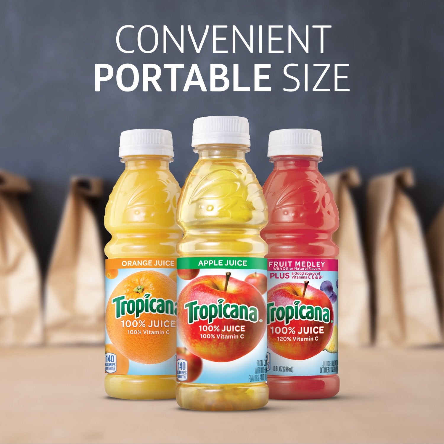 Tropicana 100% Juice, 3 flavor, 10 fl oz (Pack of 24) - Apple Juice, Fruit Medley, Orange Juice
