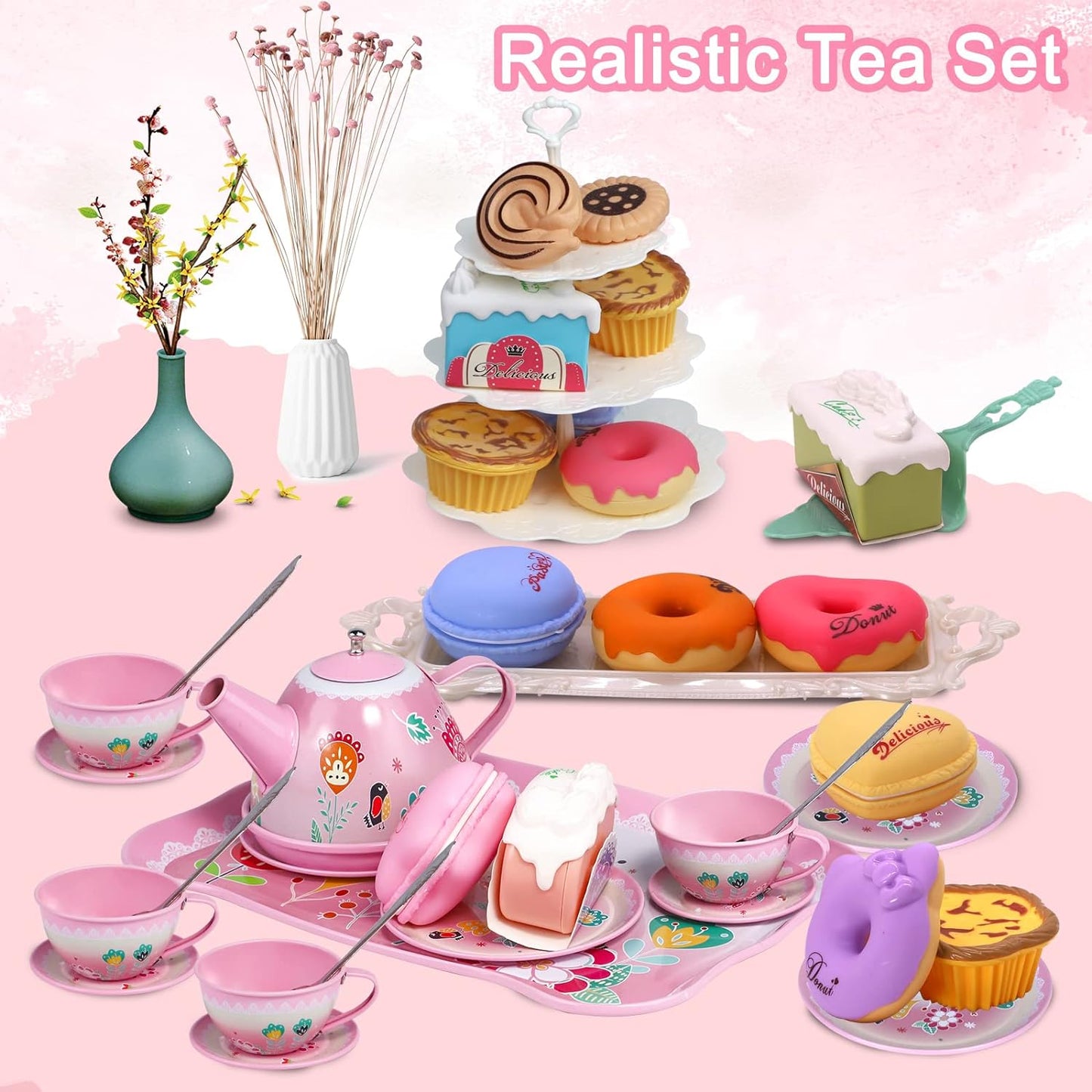 Tea Party Set for Little Girls,PRE-WORLD Princess Tea Time Toy Including Dessert,Cookies,Doughnut,Teapot Tray Cake, Tablecloth & Carrying Case,Kids Kitchen Pretend Play for Girls Boys Age 3-6
