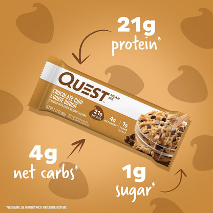 Quest Nutrition Chocolate Chip Cookie Dough Protein Bars, High Protein, Low Carb, Gluten Free, Keto Friendly, 12 Count