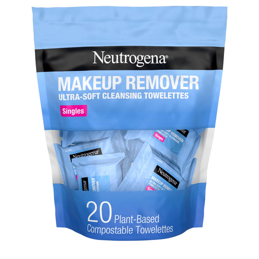 Neutrogena Makeup Remover Wipes Singles, Daily Facial Cleanser Towelettes, Gently Removes Oil & Makeup, Alcohol-Free Makeup Wipes, Individually Wrapped, 20 ct