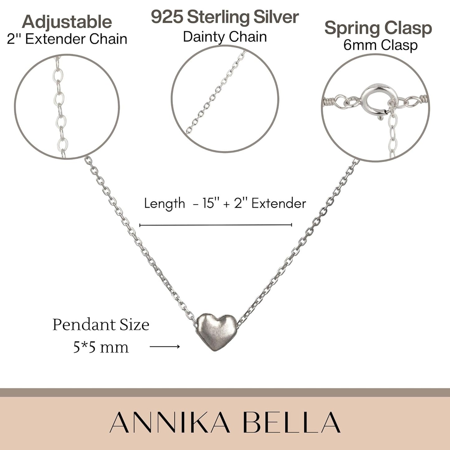 Annika Bella Sterling Silver Heart Necklace, Length 15-17 Inches, 925 Silver Charm Short Necklaces for Women, Teens, and Girls, Minimal Waterproof Hearts Jewelry (Silver heart)