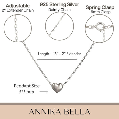 Annika Bella Sterling Silver Heart Necklace, Length 15-17 Inches, 925 Silver Charm Short Necklaces for Women, Teens, and Girls, Minimal Waterproof Hearts Jewelry (Silver heart)