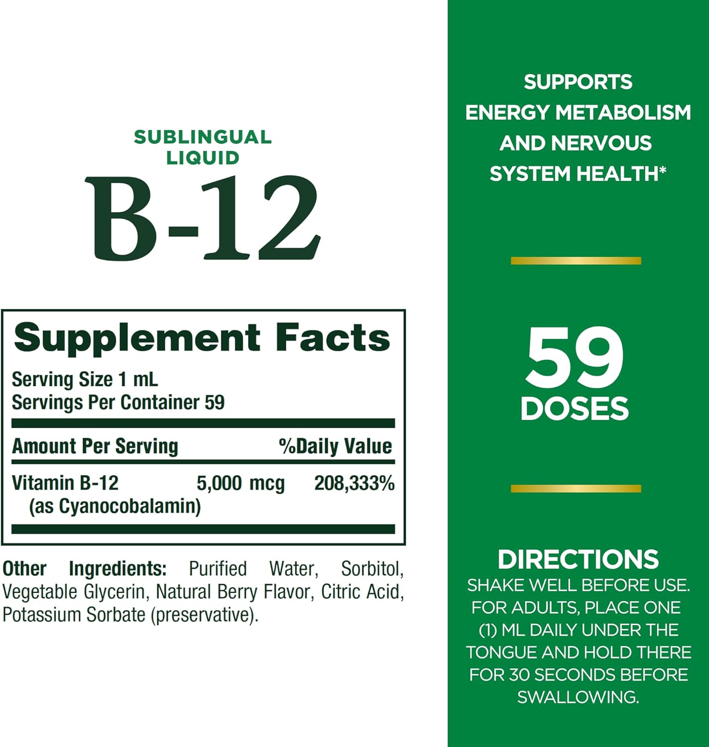 Nature's Bounty Vitamin B12 5000 Mcg Sublingual Liquid, Cardiovascular Health & Cellular Energy Support, 2 Fl Oz (1 Count)