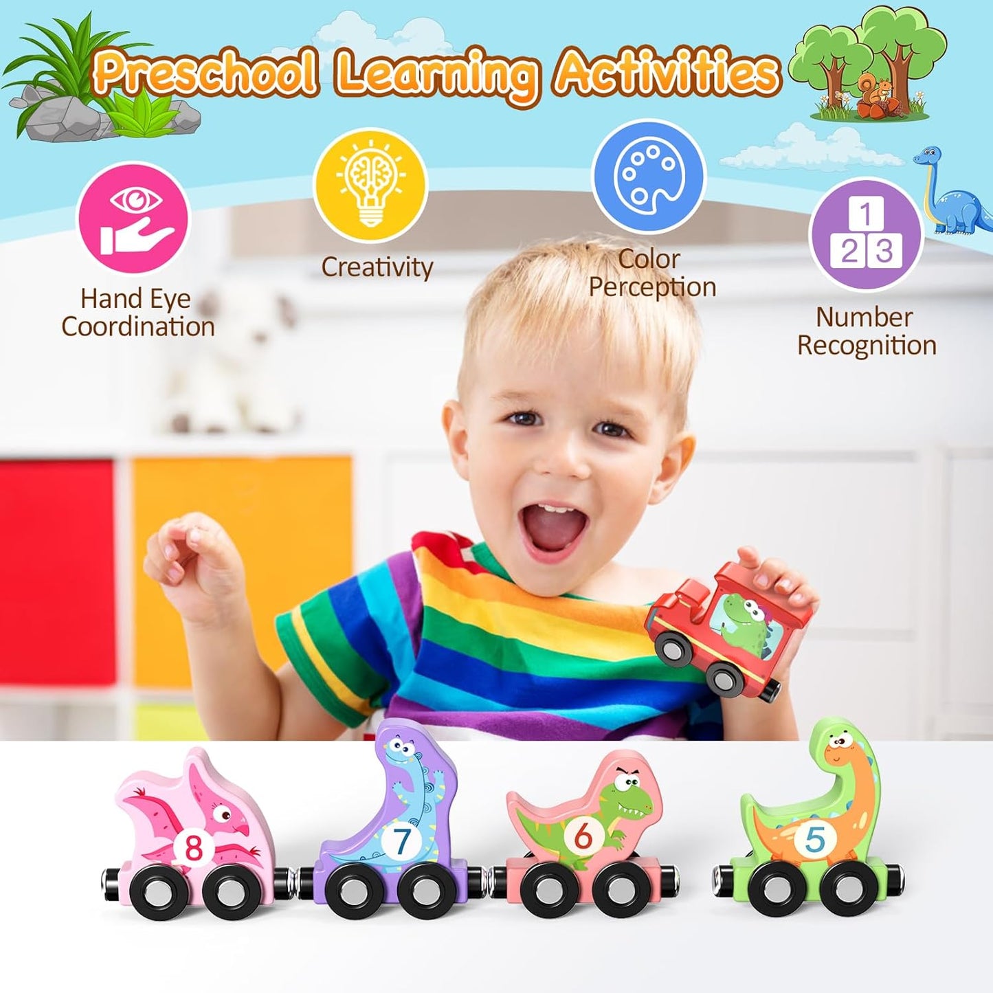 Zeoddler Toys for Toddlers, 11 PCS Magnetic Wooden Dinosaur Train Set, Montessori Toys for Toddlers, Preschool Educational Material for Kids, Birthday Gifts for Boys, Girls