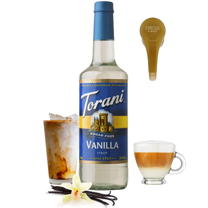 Torani Sugar Free Vanilla Syrup for Coffee 25.4 Ounces for Vanilla Flavored Syrup with Fresh Finest Syrup Pump Dispenser