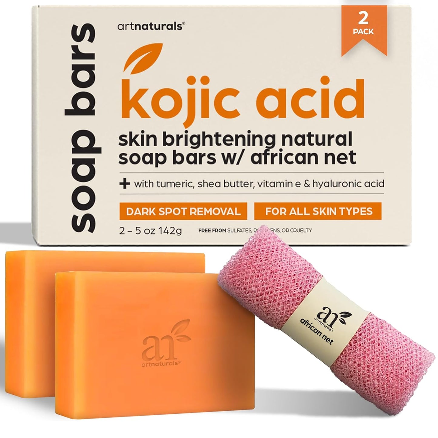 Artnaturals Kojic Acid Soap + African Net Sponge (2 pack X 142g Turmeric bars) Dark spot remover, Hyperpigmentation & Scars - Original Japanese Complex Vitamin C, Hyaluronic Acid, retinol, shea butter